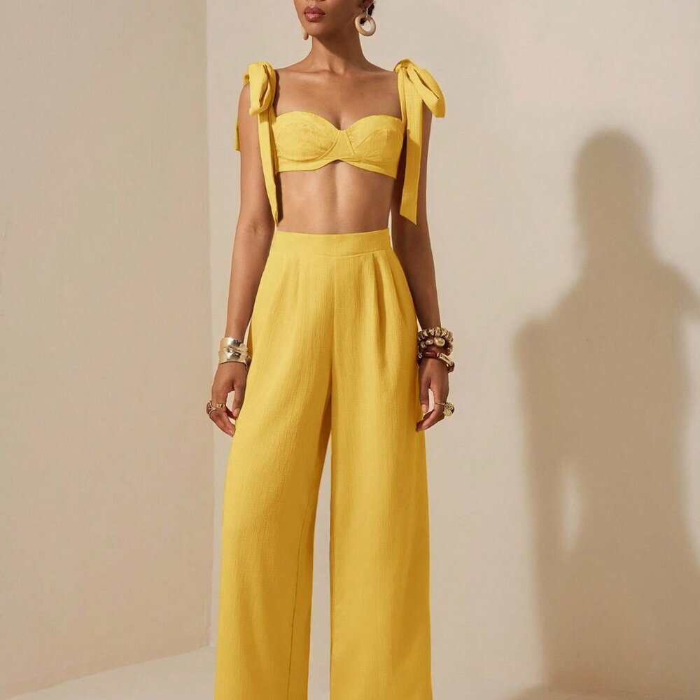 Mustard Yellow Sexy Women's Beach Cropped Top and Wide-Leg Trousers